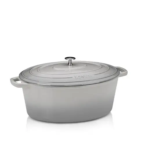 Produktbild: kela Bräter Gusseisen oval 9,3 Liter, Dutch Oven CALIDO, Induktion Gussbräter mit Deckel backofengeeignet, Gusseisen Topf emailliert, hellgrau, Grau, hellgaru