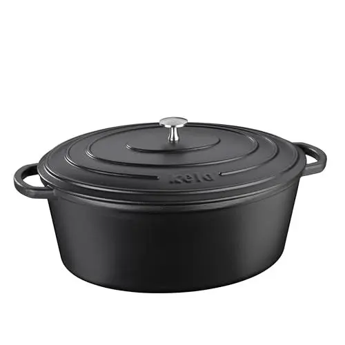 Produktbild: kela Bräter Gusseisen oval 9,3 Liter, Dutch Oven CALIDO, Induktion Gussbräter mit Deckel, Gusseisen Topf Brot backen, emailliert, schwarz