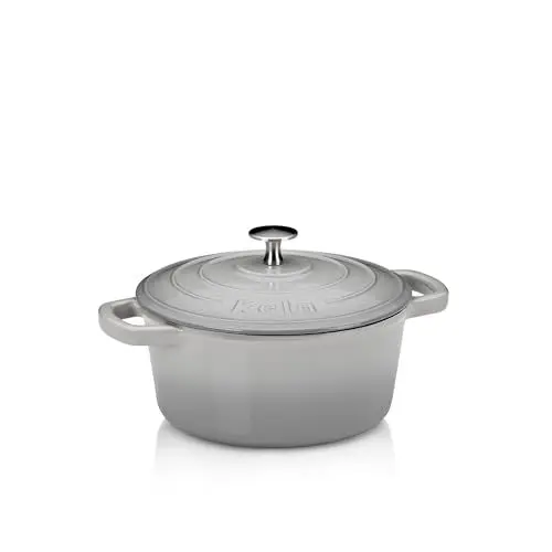 Produktbild: kela Gusseisen Bräter rund 2,5 Liter, Dutch Oven CALIDO, Induktion Gussbräter mit Deckel, Gusseisen Topf Brot backen, emailliert, hellgrau