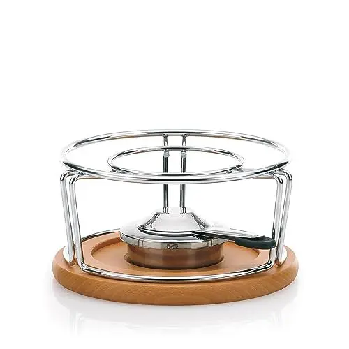 Produktbild: Kela Käsefondue Rechaud mit Pastenbrenner NATURA, Metall Stövchen für Fondue verchromt, Brennpastenbehälter mit Buchenholz Untersetzer, Edelstahl, silber glänzend, Ø 21,5 cm