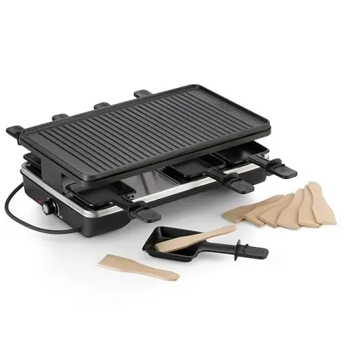 Produktbild: kela Raclette 8 Personen mit Pfännchen und Spachtel, Raclette Grill für 8 Personen GENEVA Gusseisen, 1200 Watt, extra langes Kabel, Schwarz