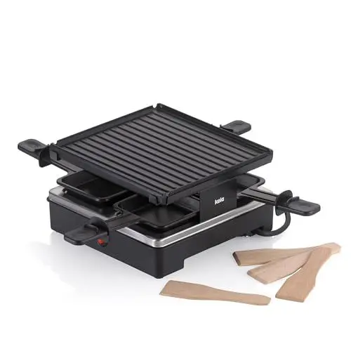 Produktbild: kela Mini, Aluguss Raclette Grill für 4 Personen mit Pfännchen und Spachtel Geneva, 600 Watt, extra langes Kabel, schwarz, L B 21,5cm x H 12cm