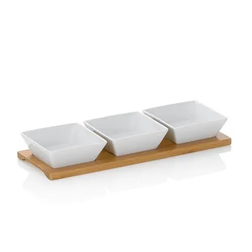 Produktbild: kela Servierschalen Set 4tlg PHILIPA, Porzellan Snackschalen mit Bambus Servierplatte, eckig, Dipschalen Set weiß