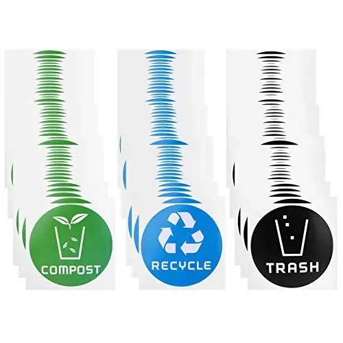 Produktbild: Kelepu 60-teiliges Set runder Recycling-Müll-Kompost-Aufkleber, lebendige Farben, Organisation, Zuhause, Büro, Schule, PVC-Kleber, Schwarz, Blau, Grün, 20 cm, 162 g Packung für