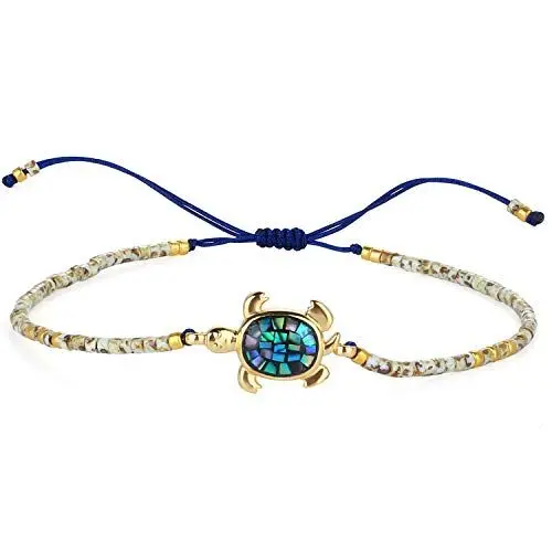 Produktbild: KELITCH Abalone Muschel Perlenarmband Verstellbare Schildkröte Anhänger Rocailles Wickelarmband Freundschaft Armreifen Schmuck (Beige L)