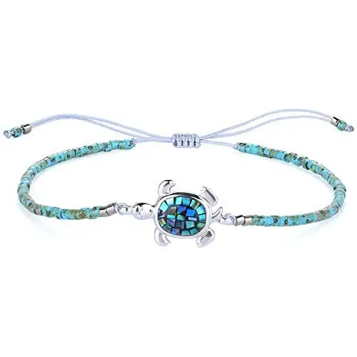 Produktbild: KELITCH Damen Abalone Muschel Armbänder 925 Silber Schildkröte Charm Armbänder Freundschaftsarmbänder Miyuki Rocailles Verstellbare Armbänder