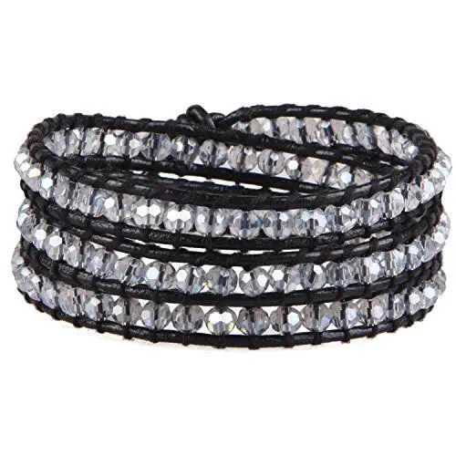Produktbild: KELITCH Damen Kristall Perlen Strang Armbänder Handgemachtes Leder 3 Wickelarmband Mode Charm Armband