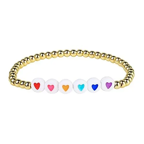 Produktbild: KELITCH Gold Perlen Armbänder Handgemachte Einzelstrang Stretch Armbänder Farbmuster Chic Armreif (Herz 11A)