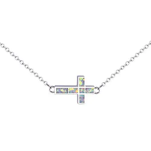 Produktbild: KELITCH New Opal Cross Chian Halskette Opal Pray Lucky 925 Silver Halskette (Weiß)