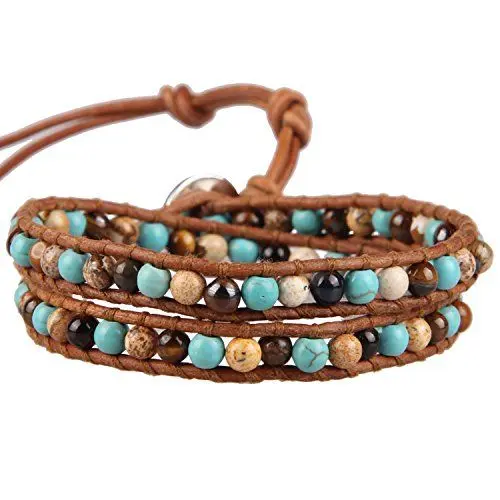 Produktbild: KELITCH Türkis Achat Mix Perlen Armbänder 2 Wraps Armbänder Handgefertigte Boho Armreifen Schmuck