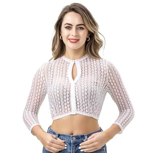 Produktbild: Kelliar Damen Dirndlbluse Spitze Langarm Button-Down Kragen Cropped Sleeves Trachtenbluse, Weiß, Größen 36
