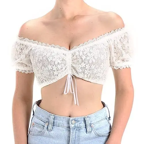 Produktbild: Kelliar Damen Dirndlbluse, Trachtenbluse, Weiß Kurzarm, Creme Größe 38