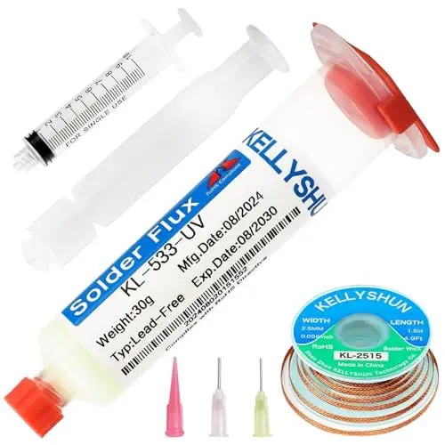 Produktbild: KELLYSHUN KL-533 Flussmittel Löten,30ML No-Clean Bleifreies Kolophonium Flussmittel (1 Stück),2.5MM/1.5M Entlötlitze (1 Stück),Geeignet für Präzisionslöten