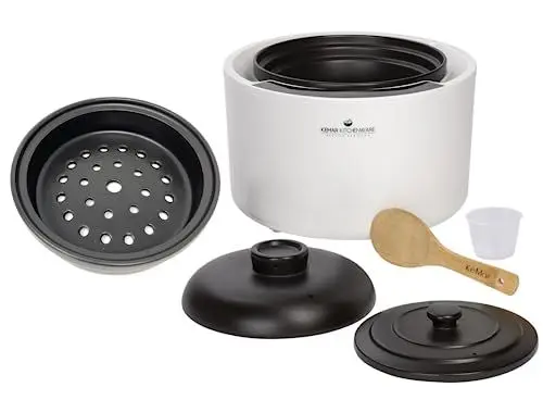 Produktbild: KeMar Reiskocher 2,5l mit Keramiktopf - Keramik (Donabe, Tonkeramik, Tontopf, Keramiktopf) - Weiß, 900W - Schongarer, Dampfgarer, Warmhaltefunktion (KCC-280 + Dämpfeinsatz)