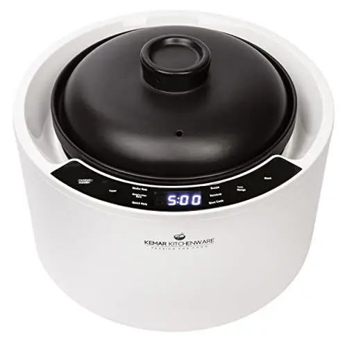 Produktbild: KeMar Reiskocher 2,5l mit Keramiktopf - Topf besteht vollständig aus Keramik (Donabe, Tonkeramik, Tontopf, Keramiktopf) - Weiß, 900W - Schongarer, Dampfgarer, Warmhaltefunktion (KCC-280)