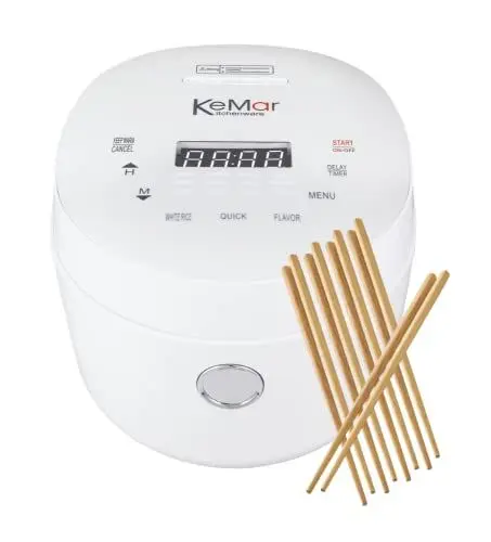 Produktbild: KeMar Reiskocher & Dampfgarer mit Keramikbeschichtung (500W, 1,8L, Weiß) - Mit Warmhaltefunktion inkl. Dämpfeinsatz, Löffel & Messbecher - Schnelle Zubereitung ohne Anbrennen, Timer, Touch Display