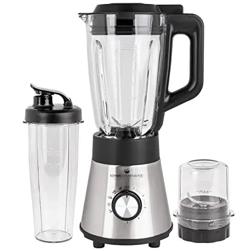 Produktbild: KeMar Standmixer 2-in-1 Edelstahl silber - 1,5l Glasbehälter 5 Programme 1000W abnehmbare Klinge - Smoothiemaker - inkl. 2Go Becher Trinkdeckel - Spülmaschinenfest, Blender, Reinigungsprogramm