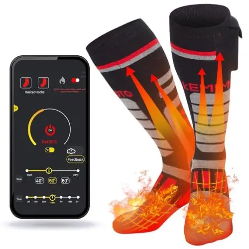 Produktbild: KEMIMOTO Beheizbare Socken mit APP, beheizte Socken Herren Damen Elektrische Wärmesocken, 5000 mAh wiederaufladbaren Batterien Heizsocken, Winter-Baumwollsocken Fußwärmer für Skifahren, Jagen, Wandern