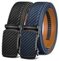 Produktbild: KEMISANT Gürtel Herren 2er, Gürtel Ratsche Automatikschließe Ledergürtel für Herren Verstellbar 35mm Breit mit Geschenkbox(Schwarz/Purpurblau-115cm/32-38
