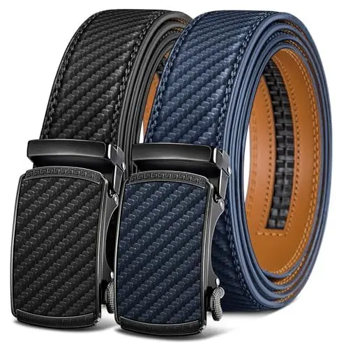 Produktbild: KEMISANT Gürtel Herren 2er, Gürtel Ratsche Automatikschließe Ledergürtel für Herren Verstellbar 35mm Breit mit Geschenkbox(Schwarz/Purpurblau-115cm/32-38