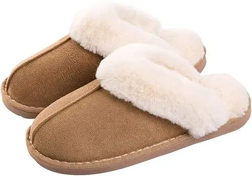 Produktbild: Kemosen Damen Hausschuhe Herren Pantoffeln Winter Warme Weiche Slippers Plüsch Flauschige Flache Schuhe,Khaki,44/45 EU