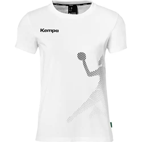 Produktbild: Kempa T-Shirt Women Black & White mit Rippe Kragen Baumwolle Shirt Damen - mit Playerin-Aufdruck - Sport Fitness Handball - weiß - Größe XXL & taillierter Schnitt