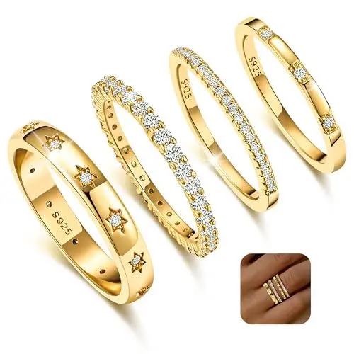 Produktbild: KENIY 4 Stück Gold Ringe Frauen Stapelringe mit Zirkonia 14 Karat Vergoldete Ringe Set Ring Gold Damen Fingerring Daumenringe Verlobungsring Schmuck Größe 54-65