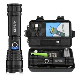 Produktbild: KEPEAK Taschenlampe Led Aufladbar, Led Taschenlampe Extrem Hell 5000 Lumen mit 5000mAh AKKU und 3pcs AAA Batterie, Taktische Taschenlampe IPX64 Wasserdicht für Camping, Angeln, Outdoor, Notfälle
