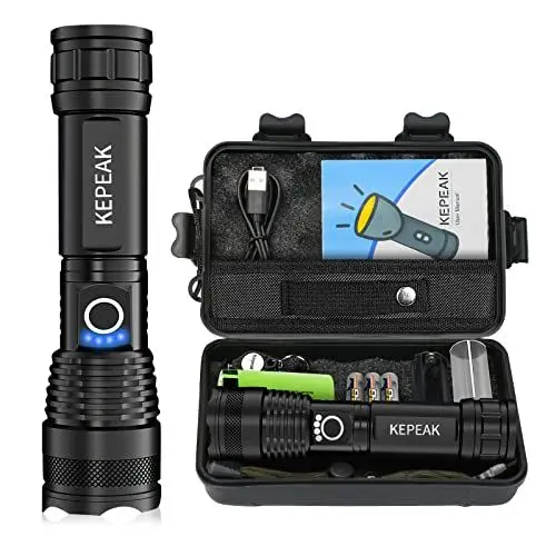 Produktbild: KEPEAK Taschenlampe Led Aufladbar, Led Taschenlampe Extrem Hell 5000 Lumen mit 5000mAh AKKU und 3pcs AAA Batterie, Taktische Taschenlampe IPX64 Wasserdicht für Camping, Angeln, Outdoor, Notfälle