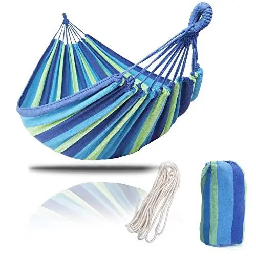 Produktbild: Kepeak Outdoor Baumwolle hängematte 280 x 150 cm, Tragkraft 300 kg Tragbar mit Tragetasche für Rucksacktouren, Camping, Hinterhof, Garten, Blau