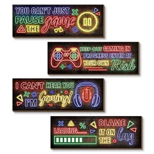 Produktbild: 4 Stück Holzschild mit Spruch für Gaming,Holz Gaming Poster,Hängende Gaming Bilder,Wandbilder Set Wohnzimmer,Wandbilder für Playstation Zimmer Schlafzimmer (Neon A)