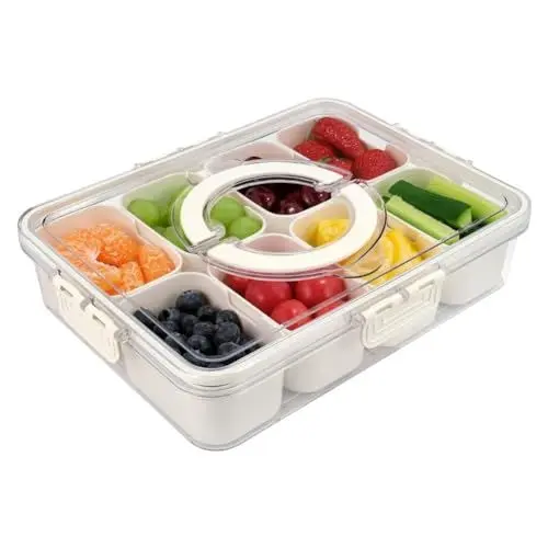 Produktbild: Kepuarm Mit Fächern SnackBox Snackschale mit Deckel und Griff, Servierbehälter für Süßigkeiten und Nüsse aus Kunststoff mit 8 Fächern,Aufbewahrungsbox für Nüsse, Desserts, Gewürze(8 Compartment)