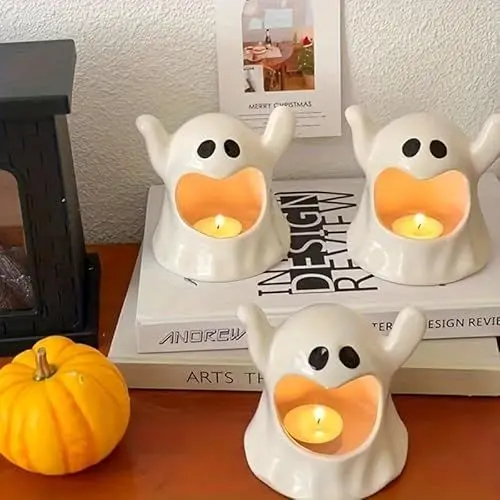 Produktbild: Keramik Kerzenhalter-Set mit Halloween-Geistern, Festliche Wohnkultur Kerzenständer, Partyzubehör