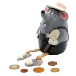 Produktbild: Keramik Sparbüchse/Spardose/Moneybox als Maus mit Spaten/Gärtner, handgefertigt, ca. 17 cm groß, Kantenhocker