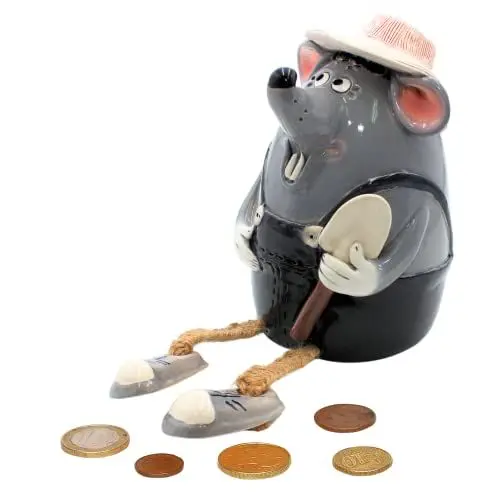 Produktbild: Keramik Sparbüchse/Spardose/Moneybox als Maus mit Spaten/Gärtner, handgefertigt, ca. 17 cm groß, Kantenhocker