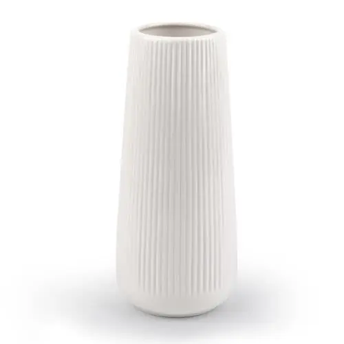 Produktbild: Keramik Vase Weiß, Blumenvase Vasen Deko für Blumen, Dekorative Vasen mit Rillen, Vase Modern für Pampasgras, Kleine Vase für Home Wohnzimmer Esstisch Eingangsbereich Büro Dekor