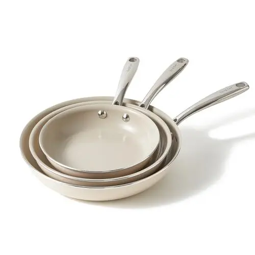 Produktbild: Redchef Pfannenset Keramik Induktion, Antihaft Bratpfannen 20/24/28 cm für alle Herdarten, PTFE-frei PFAS-frei PFOA-frei, Induktionsgeeignet, Backofenfest, Spülmaschinenfest (Beige)