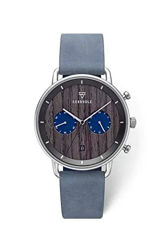 Produktbild: KERBHOLZ Holzuhr – Elements Collection Herbert Herren Multifunktions Uhr analog, Naturholz Ziffernblatt, echtes Lederarmband, Ø 42mm, Darkwood Silver Navy