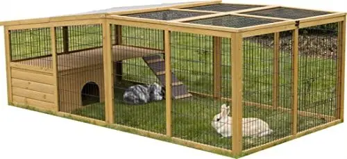 Produktbild: Kerbl Freigehege mit Ausbruchsperre (Gitterabstand 2,5 cm, überdachter Auslauf, mit Kunststoffdach, inkl. Kleintierhaus + Aussichtsplattform) 81708
