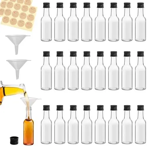 Produktbild: KERDEETE Mini Fläschchen Kunststoff Likörflaschen 24 Stk, 50ml Kleine Flaschen Zum Befüllen Wiederverwendbar, Leere Kleine Schnapsflaschen mit Aufkleber und u.Trichter für Events, Hochzeiten,Party