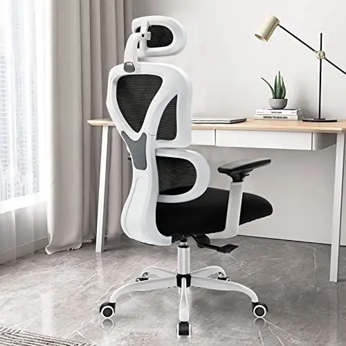 Produktbild: KERDOM Bürostuhl Ergonomischer Schreibtischstuhl, mit Verstellbarer Kopfstütze, Armlehnen, Lendenwirbelstütze, gegen Rückenschmerzen Bürostuhl 150kg/330LB Belastbar(Weiß)