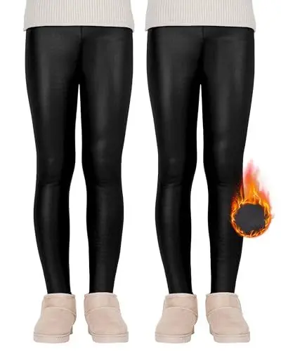 Produktbild: KEREDA Mädchen Leggings Thermo Gefüttert Thermoleggings Winter Warme Kunstleder 2er-Pack,Schwarz Kunstleder,110-116
