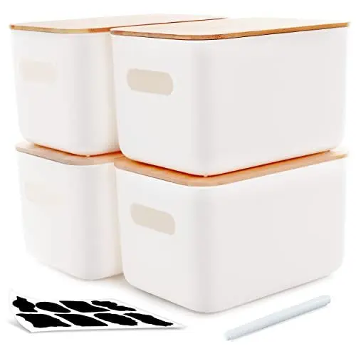 Produktbild: Kerhouze 4 PCS Aufbewahrungsbox mit Bambus Deckel Aufbewahrungsboxen Kunststoff Stapelbare Kleine Aufbewahrungsbox mit Griffen für Küche Schlafzimmer 26*17.8*15.5cm, 6.5L