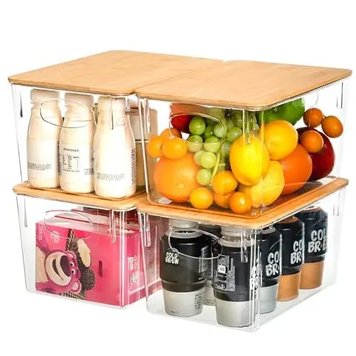 Produktbild: Kerhouze 4 Pack Aufbewahrungsbox mit Holz-Deckel, Large Kühlschrank Organizer mit Griff 28 * 18.5 * 15.3cm, Durchsichtig Stapelbar Vorratsdose Kühlschrank Boxen für Küchen, Schränke -BPA frei