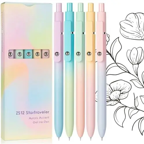 Produktbild: KERIFI Gelschreiber, 5 Stück 0,7 mm Einziehbare Gelstifte Schwarz Tintenstifte, Gel Kugelschreiber Pastell, Glatte Schreibstifte, Aesthetic Schreibtisch Stuff für Büro Schule