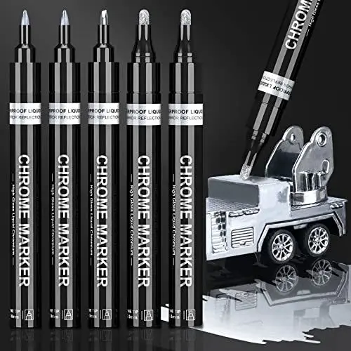 Produktbild: KERIFI Silber Metallic Stifte Flüssige Chrom Spiegelmarker, Ölbasiertes Permanent Marker Set, Reflektierender Glanz Metallischer Spiegelmarker, Lackstift für Modell Metall Kunststoff DIY Basteln