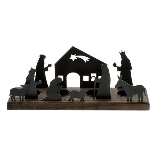 Produktbild: Kerzenhalter Krippe schwarz - 32 x 9 cm - Weihnachtsdorf Silhouette mit Haltern für 4 Teelichter - Weihnachten Advent Winter Kerzen Ständer Tisch Fenster Schattenspiel