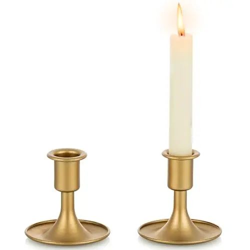 Produktbild: Kerzenständer Gold Kerzenhalter Stabkerzen Metall: Romadedi 2er Set Goldene Stabkerzenhalter Kleine für Hochzeit Party Tischdeko Weihnachten Adventskranz Modern Tisch Deko Wohnzimmer