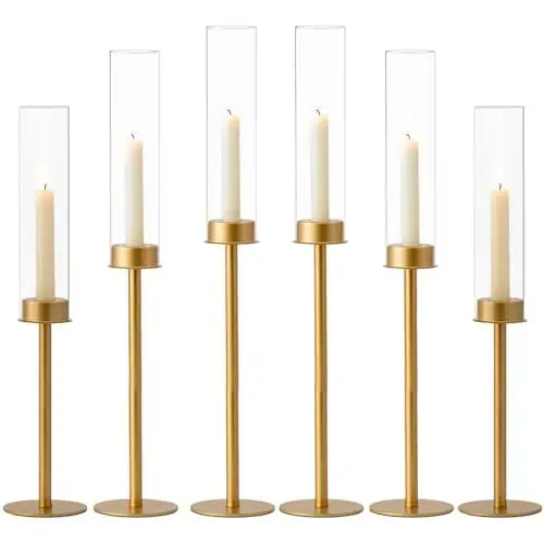 Produktbild: Kerzenständer Stabkerzen Kerzenhalter Mattes Gold: Hewory 6er Set Stabkerzenhalter Glas für Deko Wohnzimmer Tischdeko Weihnachten Kerzenhalter Stabkerze für Kerzen Glaszylinder ohne Boden