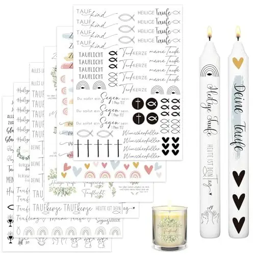 Produktbild: Kerzentattoos, 6 Stück A5 TaufkerzeKerzensticker,Taufe Deko,Kerzen Dekorieren Kerzen beschriften für Taufkerze basteln,Perfekte Dekoration für einzigartige Taufkerzen und handgemachte Kunstwerke